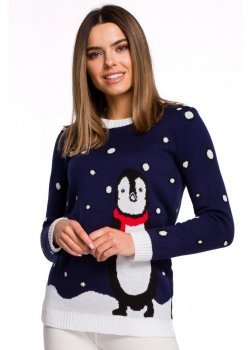 Тъмносин дамски пуловер с коледни мотиви MXS06