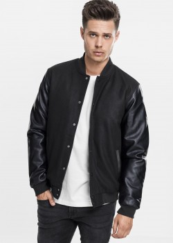 Мъжко колежанско яке Urban Classics blk/blk с кожени ръкави Мъжко колежанско яке Urban Classics blk/blk с кожени ръкави