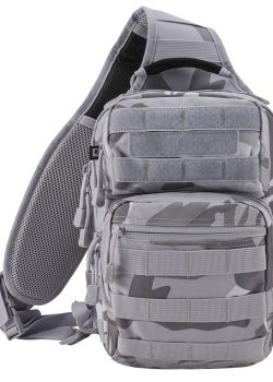 Функционална чанта в сив камуфлаж Brandit US Cooper Sling Pack Medium blizzard camo Функционална чанта в сив камуфлаж Brandit US Cooper Sling Pack Medium blizzard camo