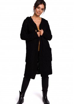 Дълга жилетка с качулка в черен цвят BK033