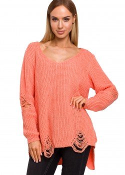 Пуловер с V-образно деколте в цвят корал M473